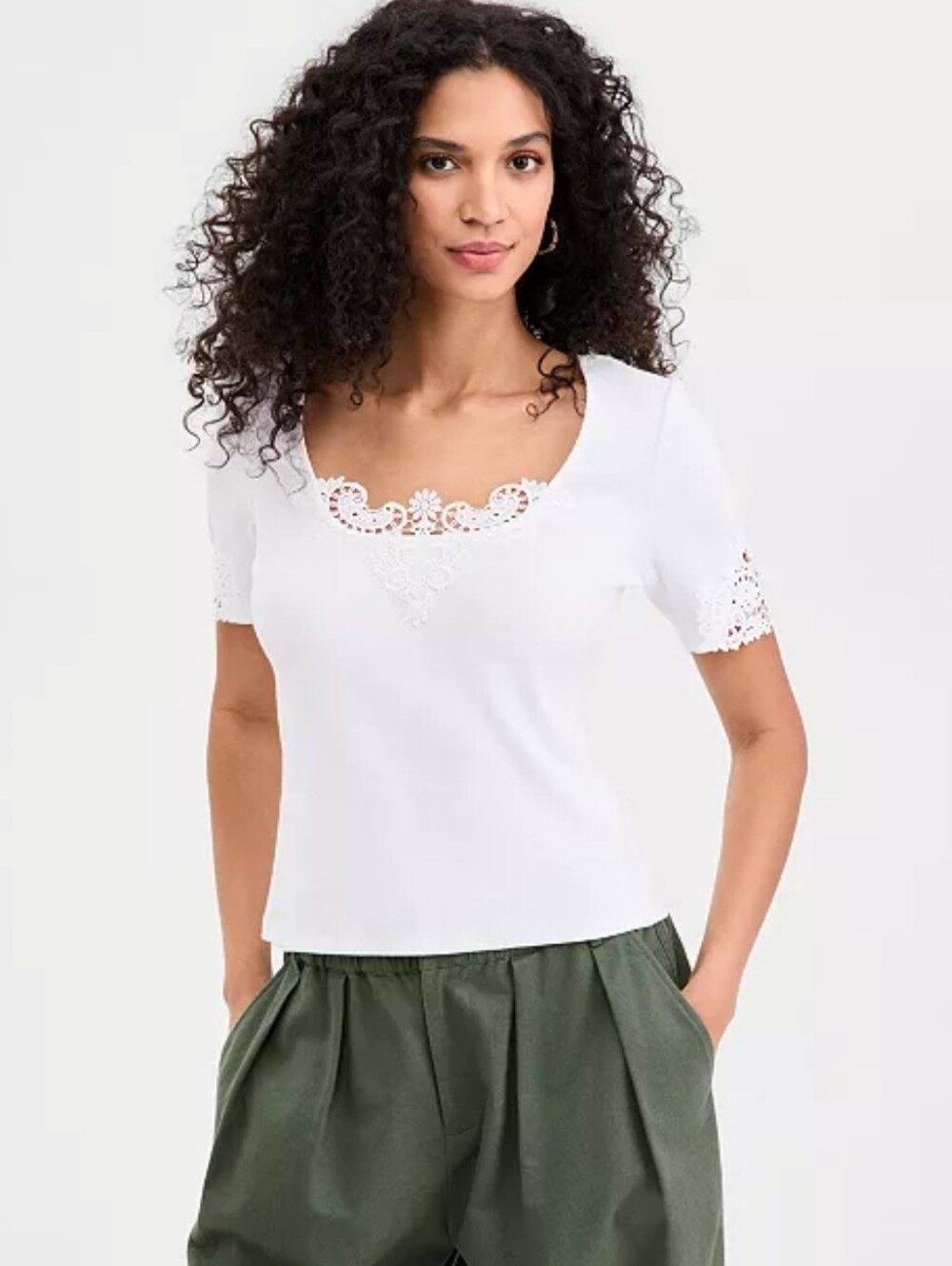 White Lace-Trim Scoop Neck Women's Top